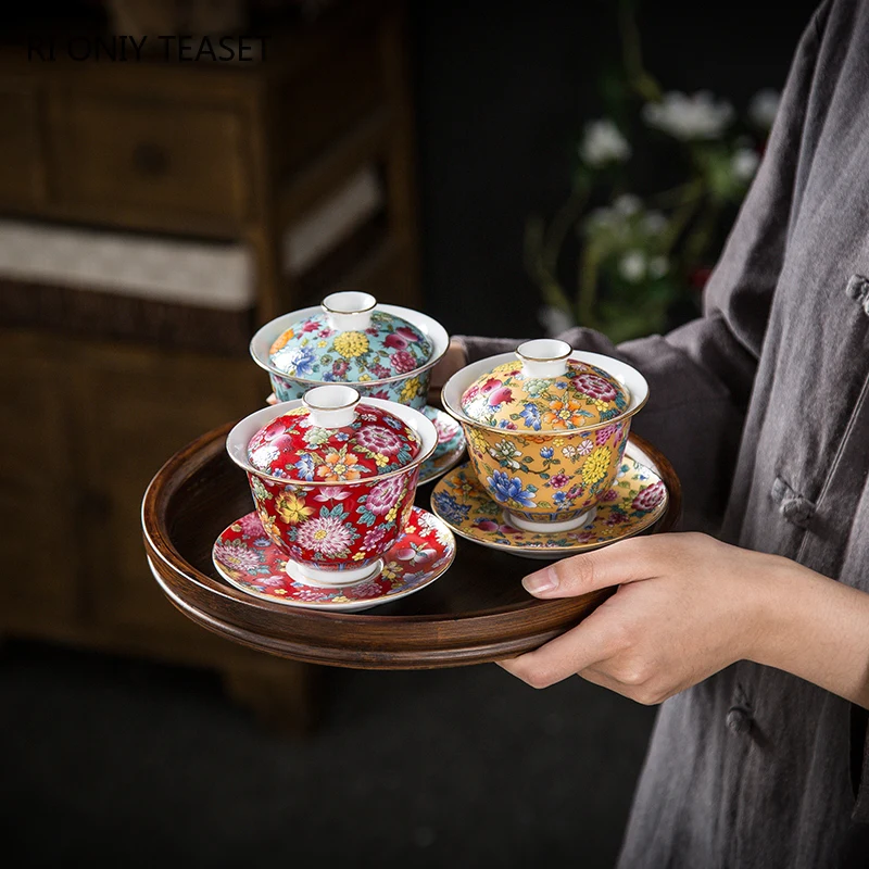 150ml Palace Luxury Enamel Ceramic Gaiwan Teacup Hand Painted Flower Pattern Tea Tureen Travel Handmade Tea Bowl Teaware