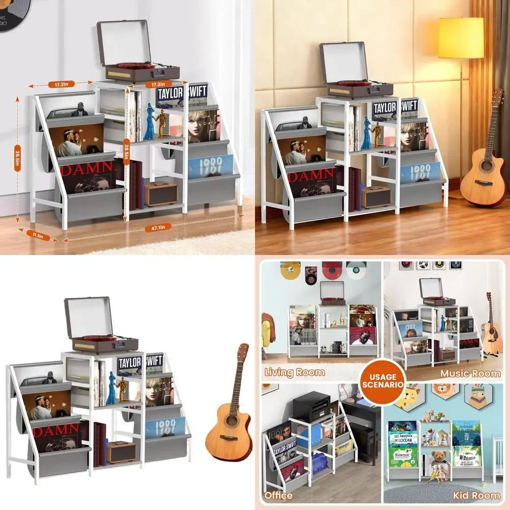

6-Shelf Vinyl & CD Storage Stand for Living Room, Bedroom, White Media Stereo Cabinet