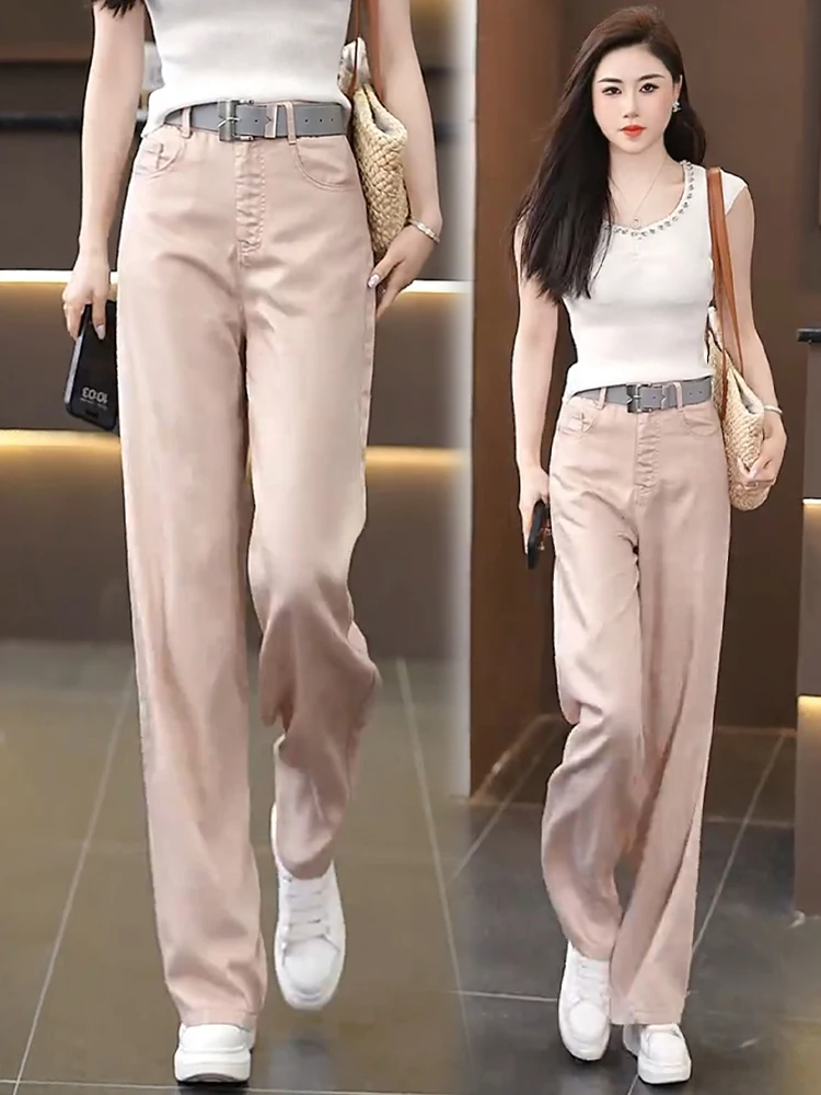

Широкие джинсы с высокой талией, тонкие летние повседневные брюки прямого кроя, свободные, струящиеся, удобные, в корейском стиле, длинные брюки