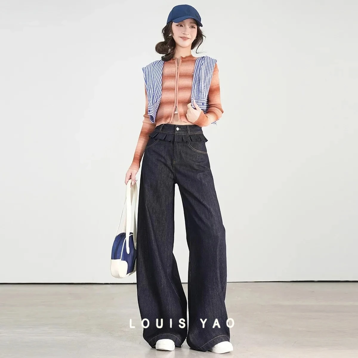 

LOUIS YAO Waist Ruffle Splicing Women's Jeans 2025 Spring High Waist Straight Casual Trousers Clashing Quilted Jeans