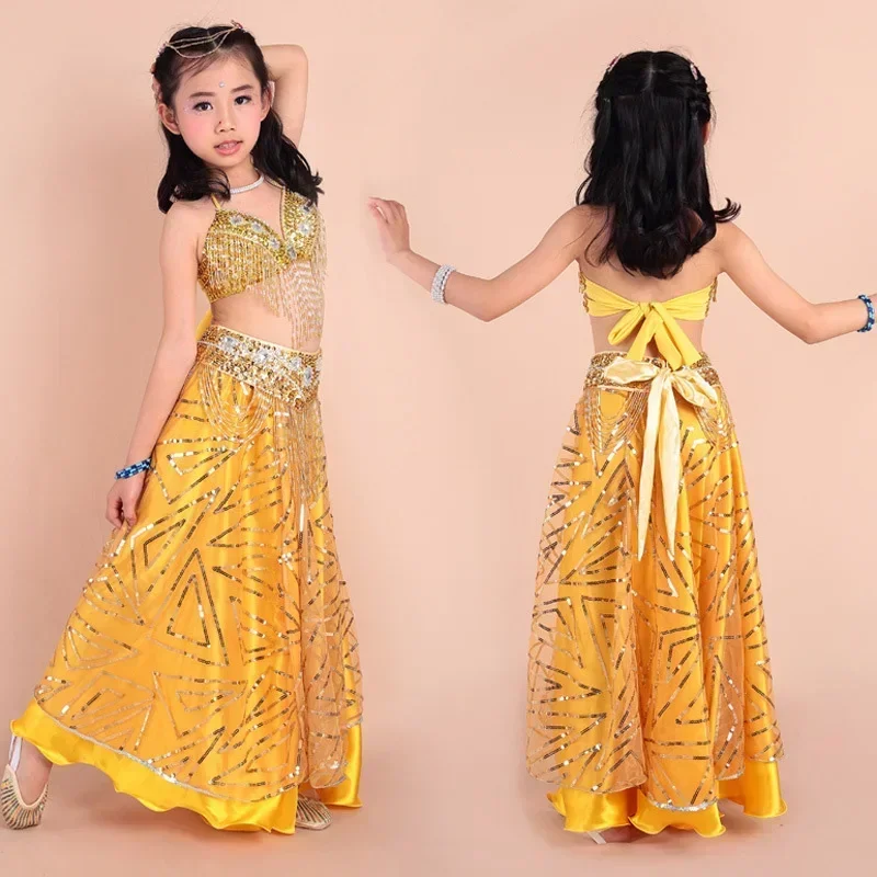 الرقص الشرقي الأطفال الهندي هامش تنورة زي مجموعة 3-قطعة/مجموعة (حمالة صدر + حزام + فستان) أزياء رقص بوليوود للفتيات 8 ألوان