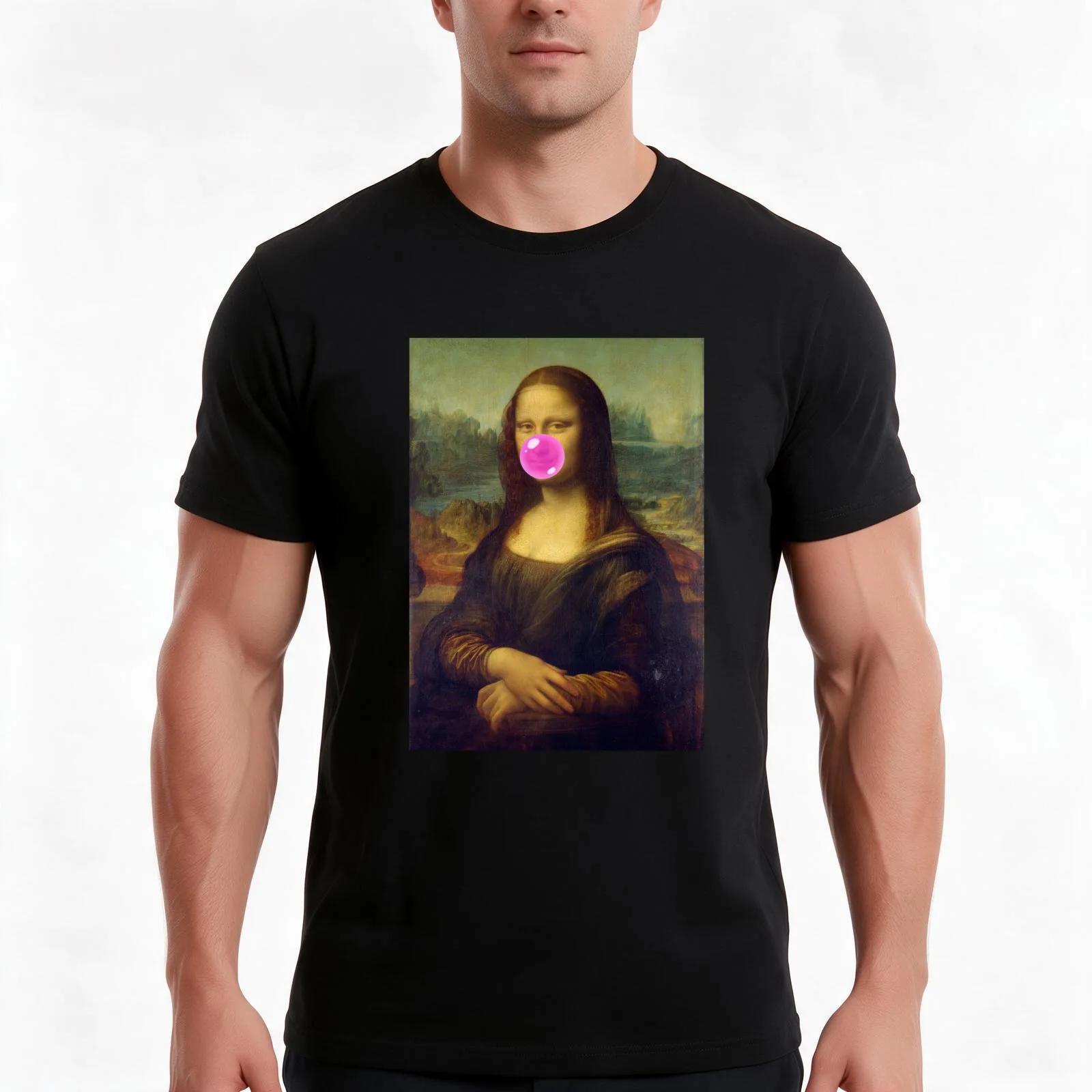 Leonardo Da Vinci Mona Lisa Chewing Bubblegum Bubble T-Shirt, Summer Casual Cotton Tee, Oversized Streetwear Tops, 100% Cotton
