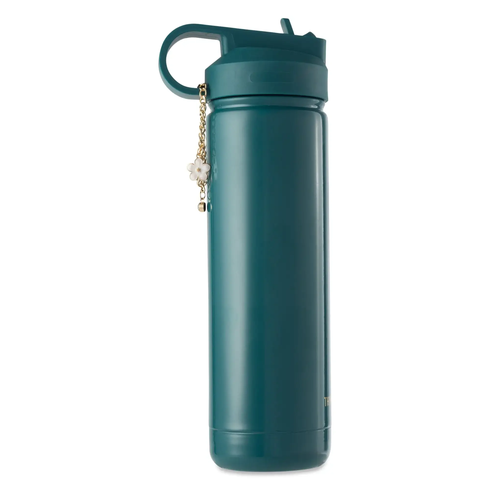 

26 oz Teal Water Bottle with Straw Lid – Floral Design with Gold Charm Accent