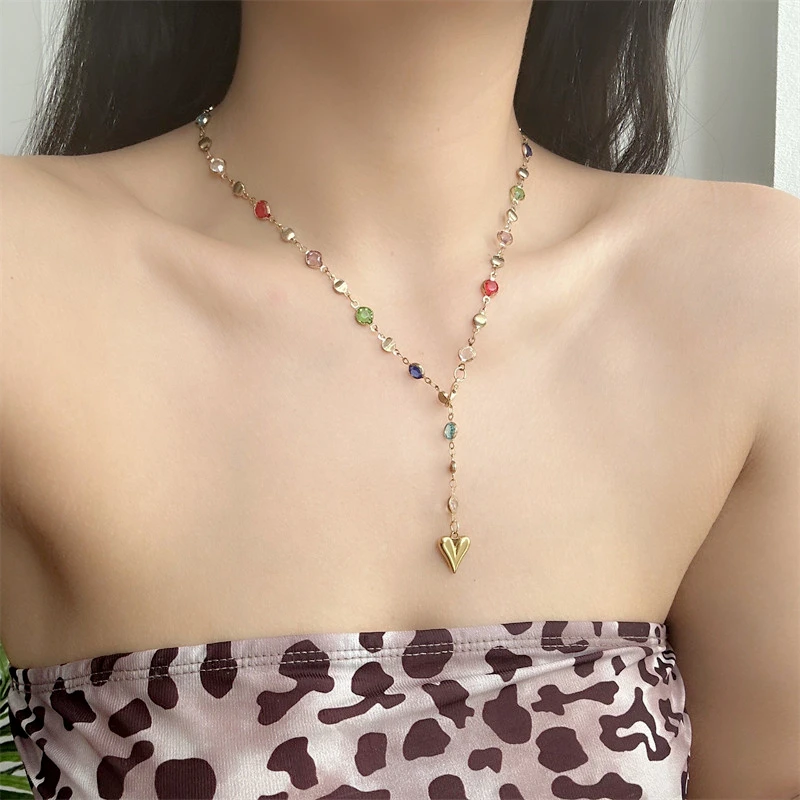 Bohemian Gold Farbe Kristall Y-Förmigen Herz Halskette für Frauen Trendy Lange Quaste Metall Schlüsselbein Kette Party Körper Schmuck geschenke