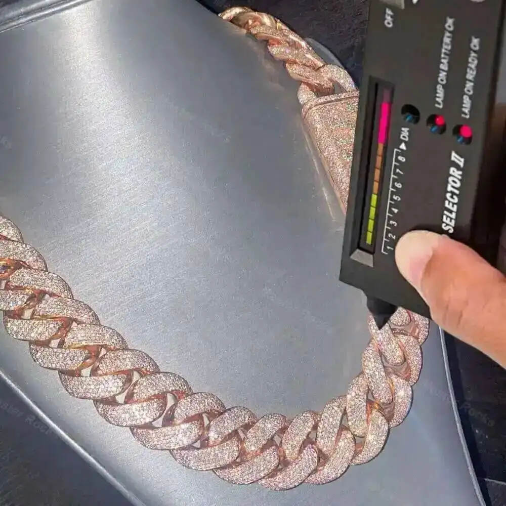 

Розовое золото 20 мм 5 рядов Vvs Муассанит Бриллианты Пропускной тестер Стерлинговое серебро Майами Кубинская цепочка Муассанит