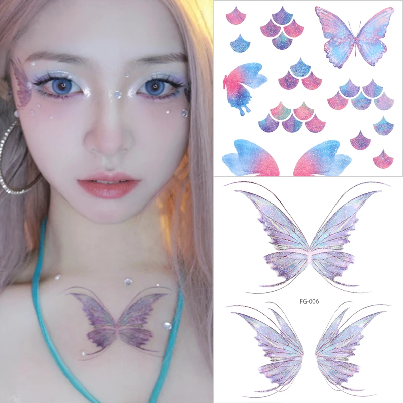 Shiny Butterfly Tattoo Sticker, Impermeável, Temporária, Olhos, Rosto, Peito, Body Art, Tatuagens Falsas, Mulheres Sexy Maquiagem, Decoração Cosmética