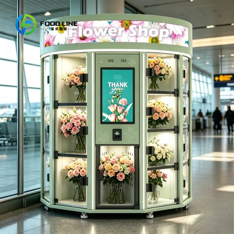 Customized outdoor floral self‑service kiosk LED fresh‑bouquet dispenser humidifier cooling system remote management platform