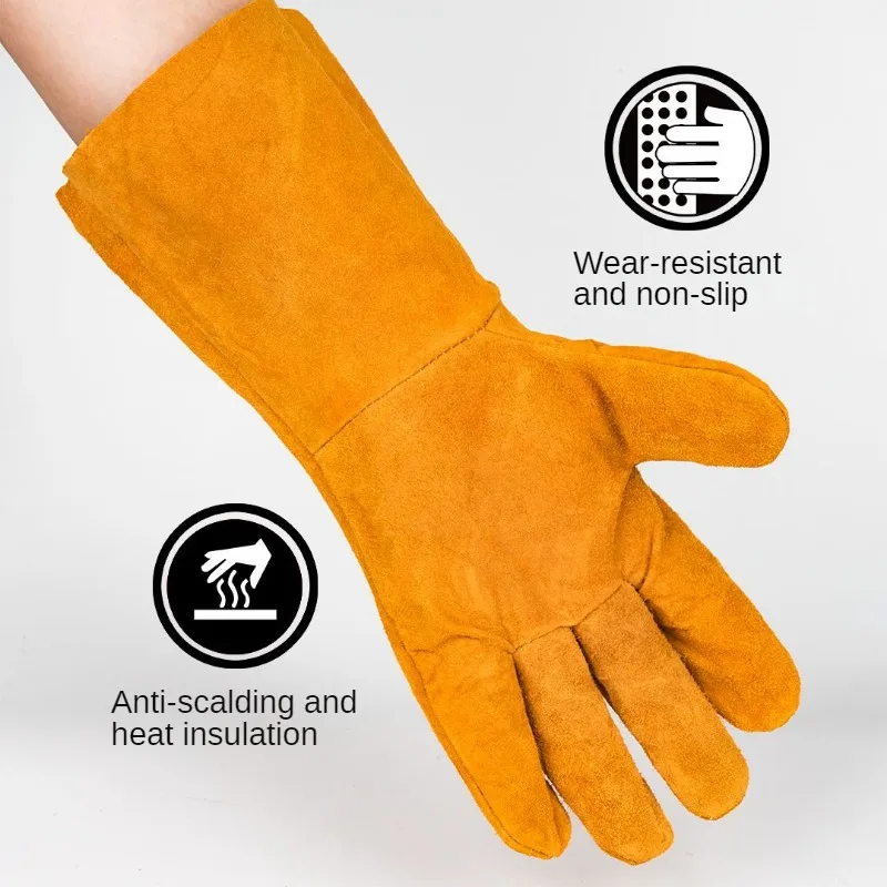 12 Pairs Cowhide Long Thick Heat-resistant Anti-scalding Flame Retardant Wear-resistant Welders Work Protection Welding Gloves