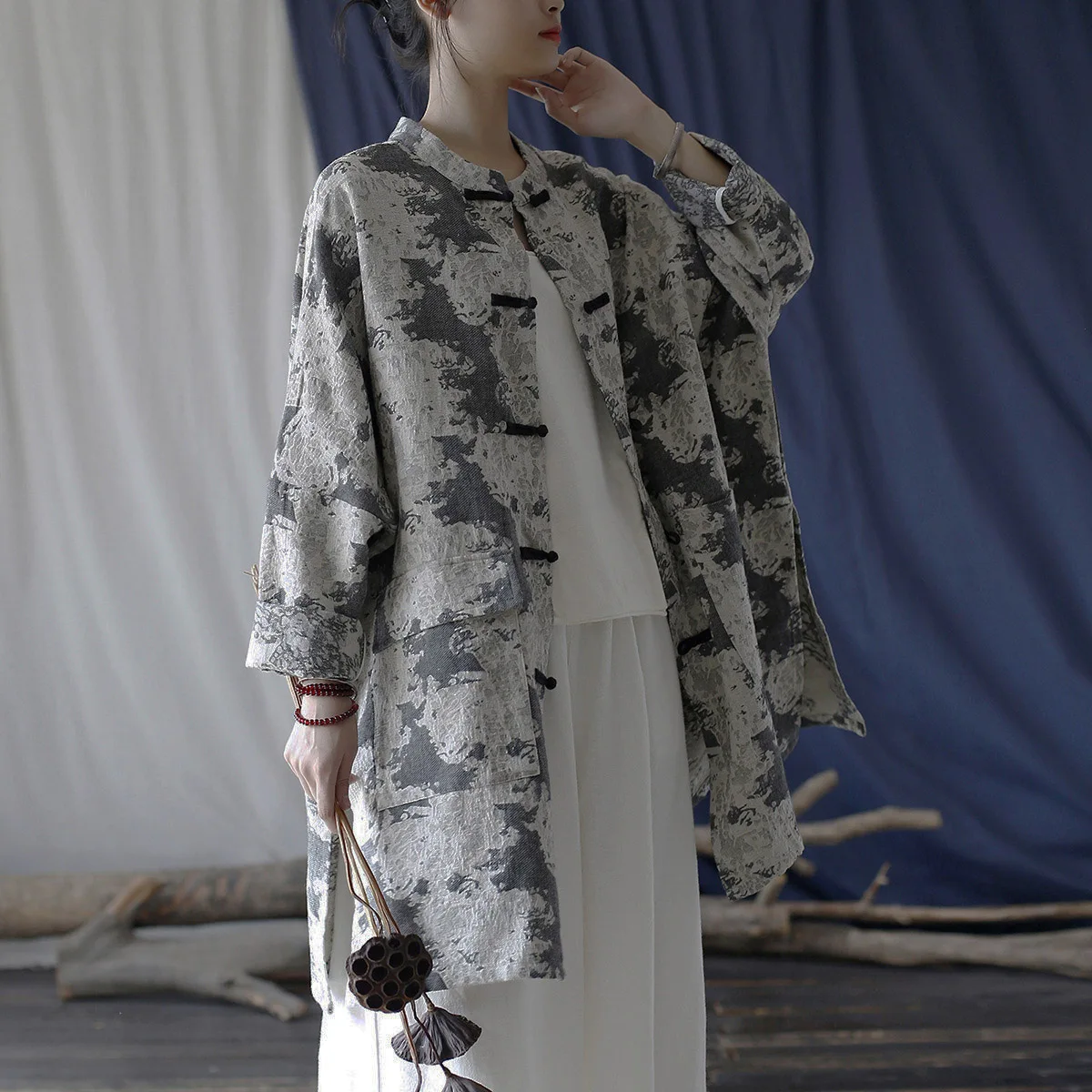 

Womens Mid-Length Jacket Printed Chinese Open Front Frog Butto Cardigan Fall Relaxed Fit Outwear Dust Trench Coat with Pockets