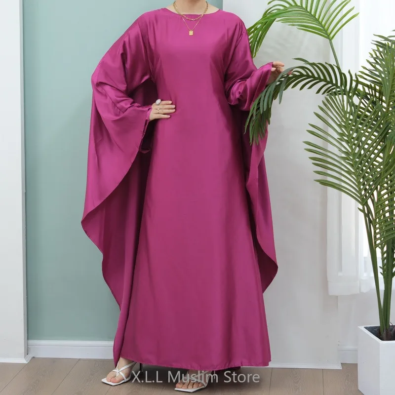 

Abaya Muslim Ladies Shiny Satin Dresses Inside Belt Batwing Sleeve Dress Kaftan Kebaya Islamic Dubai Robe Clothing Evening Party