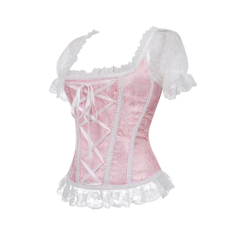 Sapubonva Corset Top Plus Size Shoulder Straps Bustiers Gothic Lace Sleeved Sexy Bride Halloween Corselet Medieval Black White