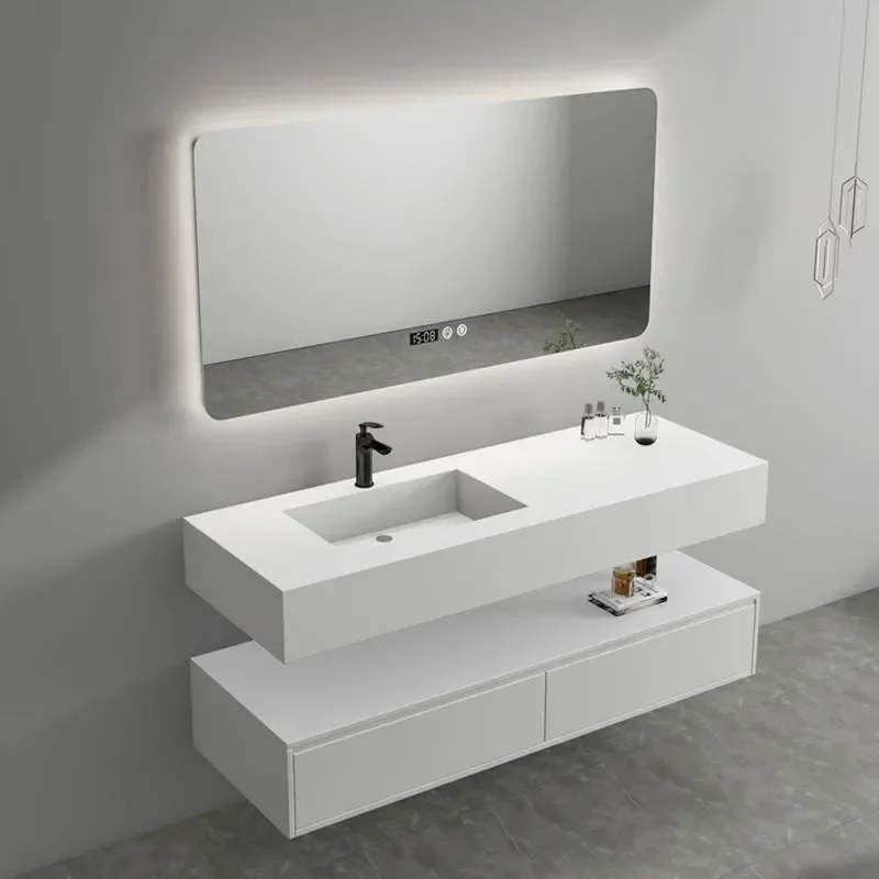 Rock Slab Bathroom Cabinet with Integrated Basin and Oak Storage Mirror Cabinet Smart Toilet Washbasin Combo