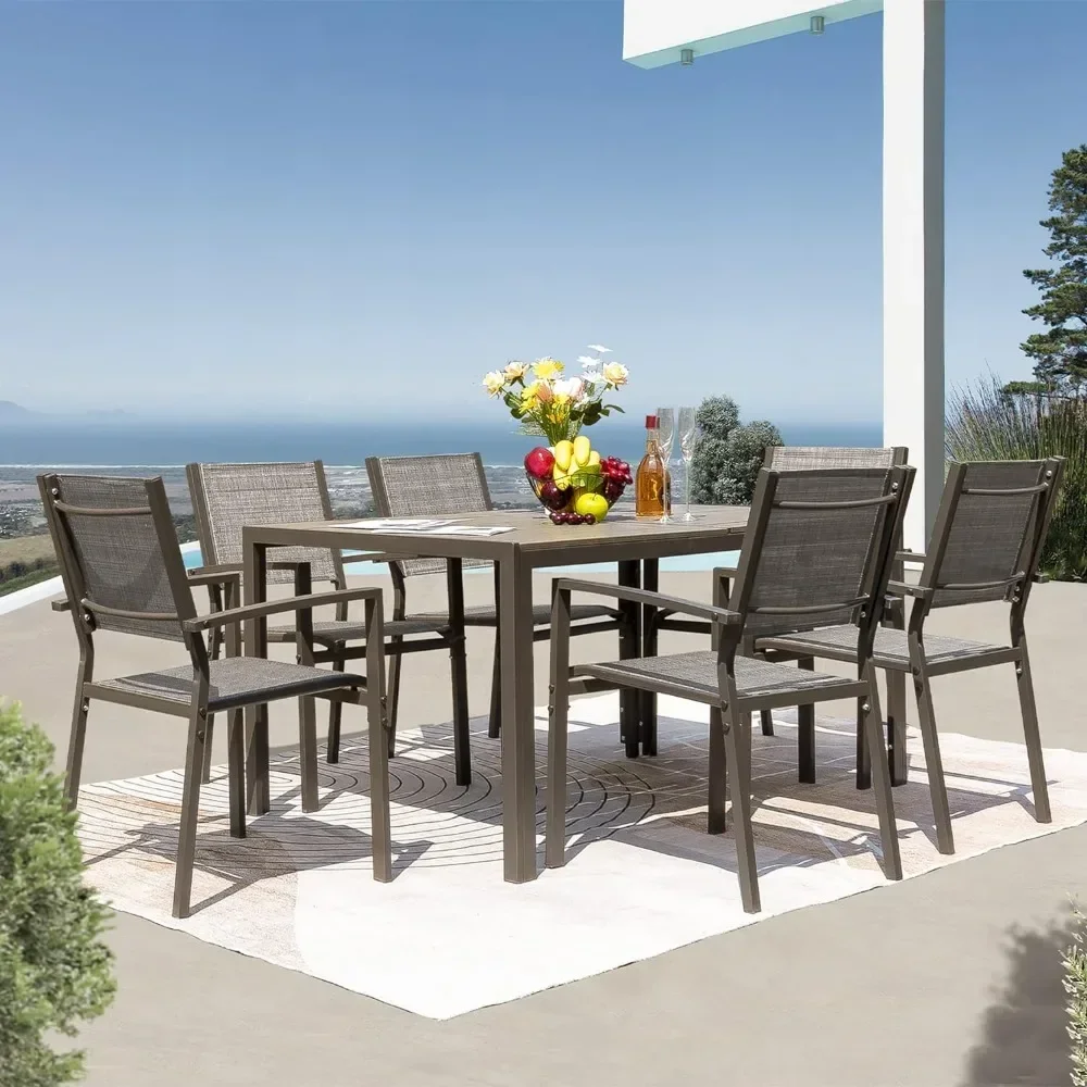 Terraço Jantar Outdoor Furniture Set, mesa intempéries, 6 empilhável para jardim, 7 pcs