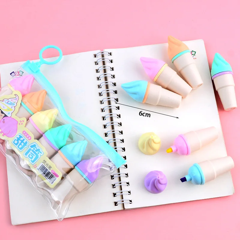 6Pcs Creative Ice Cream Cat Paw Highlighters Set Mini Kids Students Drawing Marking Supplies Kids Novelty Gift Kawaii Stationery