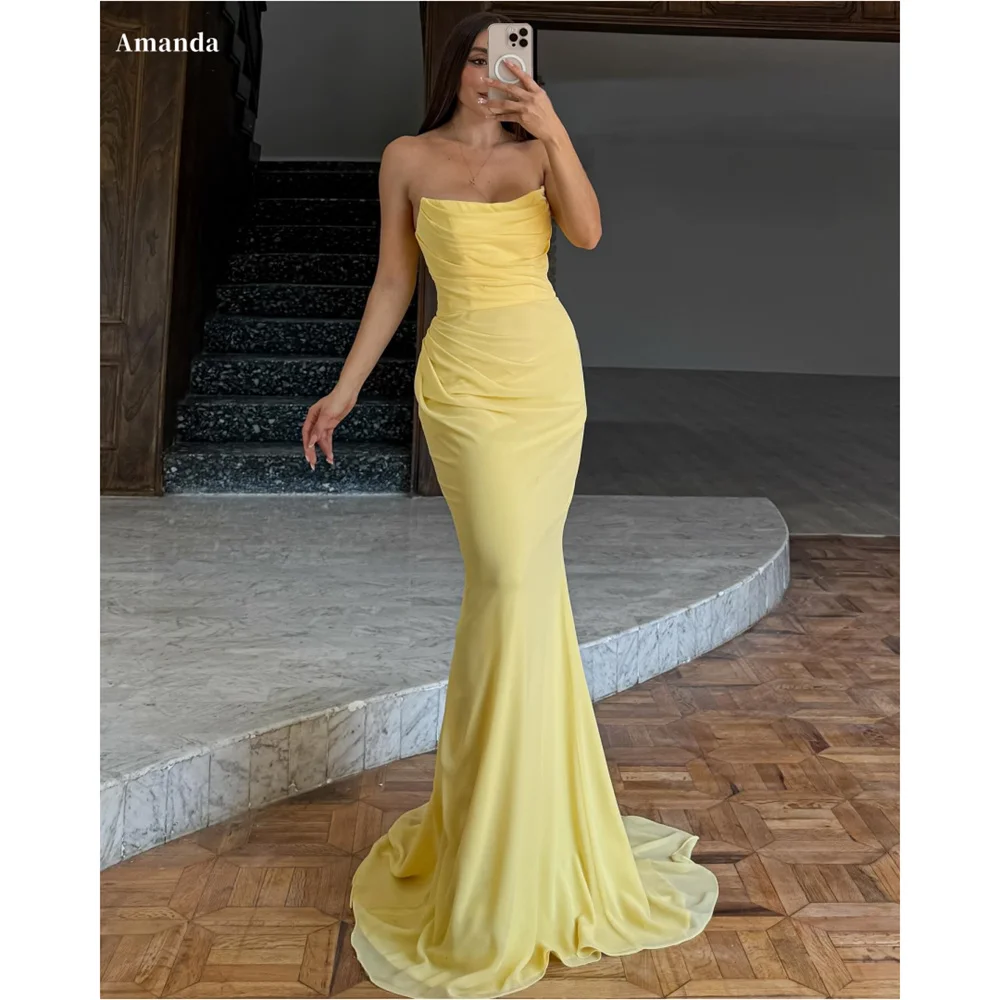 

Amanda Customized Yellow Strapless Mermaid Prom Dress Sleeveless Elegant vestidos de noche Sheath Floor-Length Formal Evening