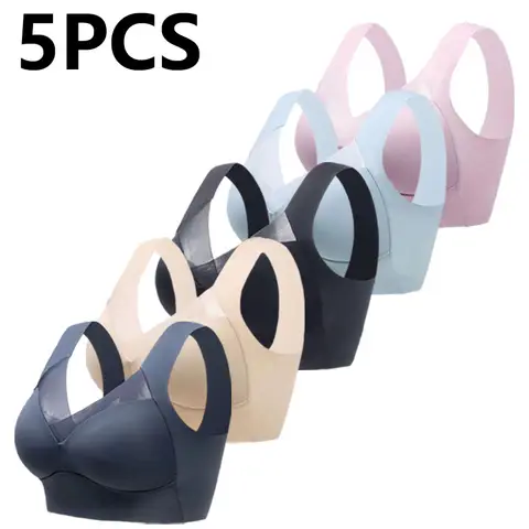 FallSweet 5PCS 여성을위한 원활한 레이스 푸시 업 브래지어 플러스 사이즈 Wire-Free 통기성 Bralette 세트 솔리드 백 레스 브래지어 란제리