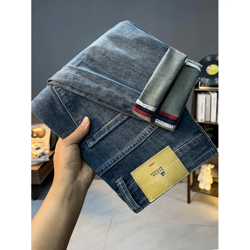 Hole & Patch Belt Style High-End Elastic Trend Blue Slim Fit Ankle-Length Soft Jeans Men's 2024 New