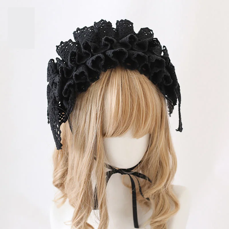 สีดํา/สีขาว/Beige Lolita สาวลูกไม้ Hairband ญี่ปุ่น Kawaii Headdress Tie คอสเพลย์อะนิเมะแม่บ้านน่ารักอุปกรณ์เสริมผม