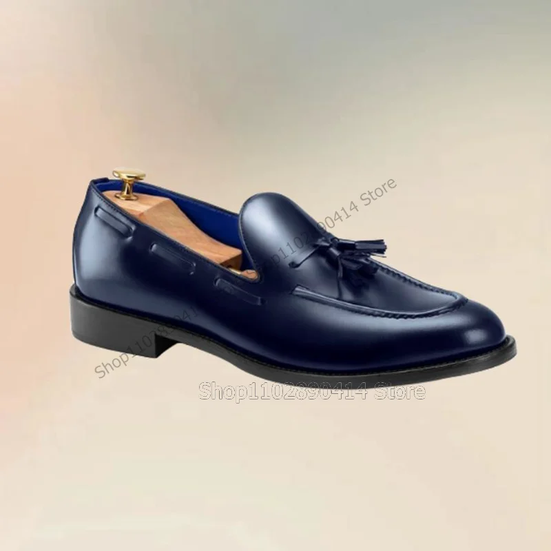 

Blue Tassels Decor Sewing Design Matte Leather Loafers Fashion Slip On Men Shoes Luxury Handmade Party Office Men Dress Shoes