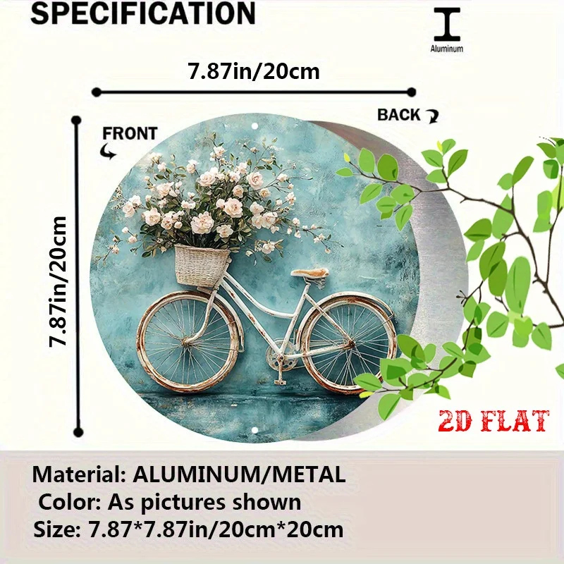 Vintage White Bicycle With Wicker Flower Basket Rustic Tin Sign - Vintage Durable Metal Plaque Wall Decor, Shabby Chic Farmhouse