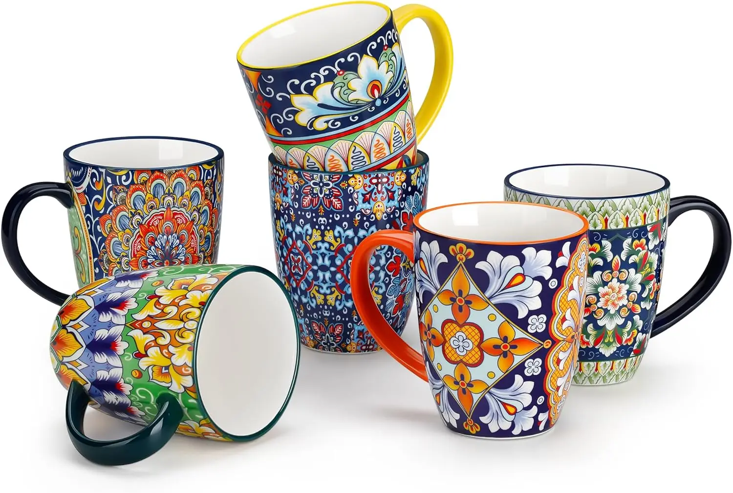 

12 oz Ceramic Coffee Mugs Set of 6, Boho Style with Handle, Dishwasher & Microwave Safe for Latte & Hot Chocolate
