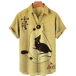 Hawaiian Japanese Style Vintage Beach Shirts For Men Clothing Cartoon Anime Cat Print Summer Short Sleeve Blouse Womens Clothes