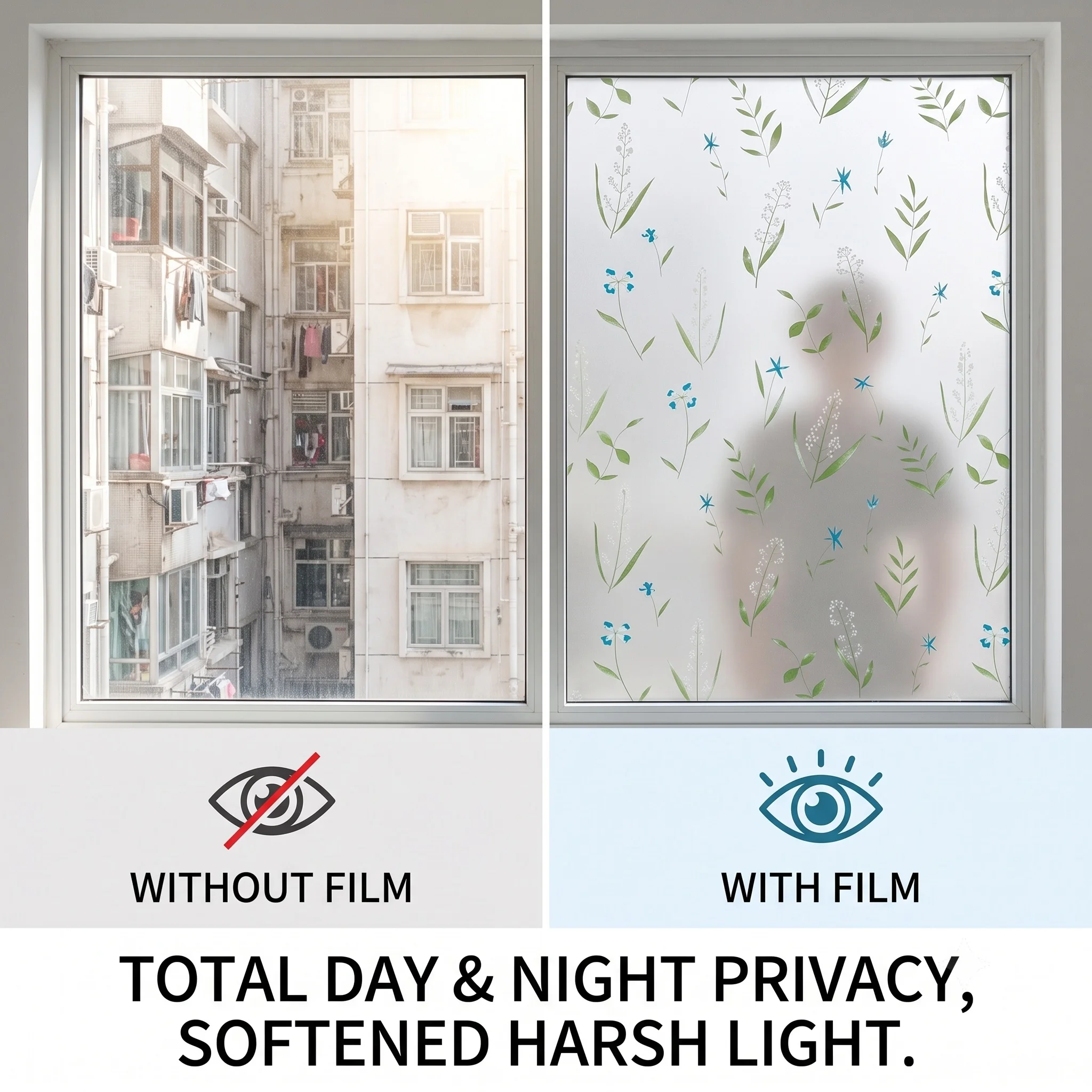 Wild Floral Leaf Self-Adhesive Window Film Frosted Privacy Glass Sticker Removable No Residue UV-Block Waterproof Decor for Bat