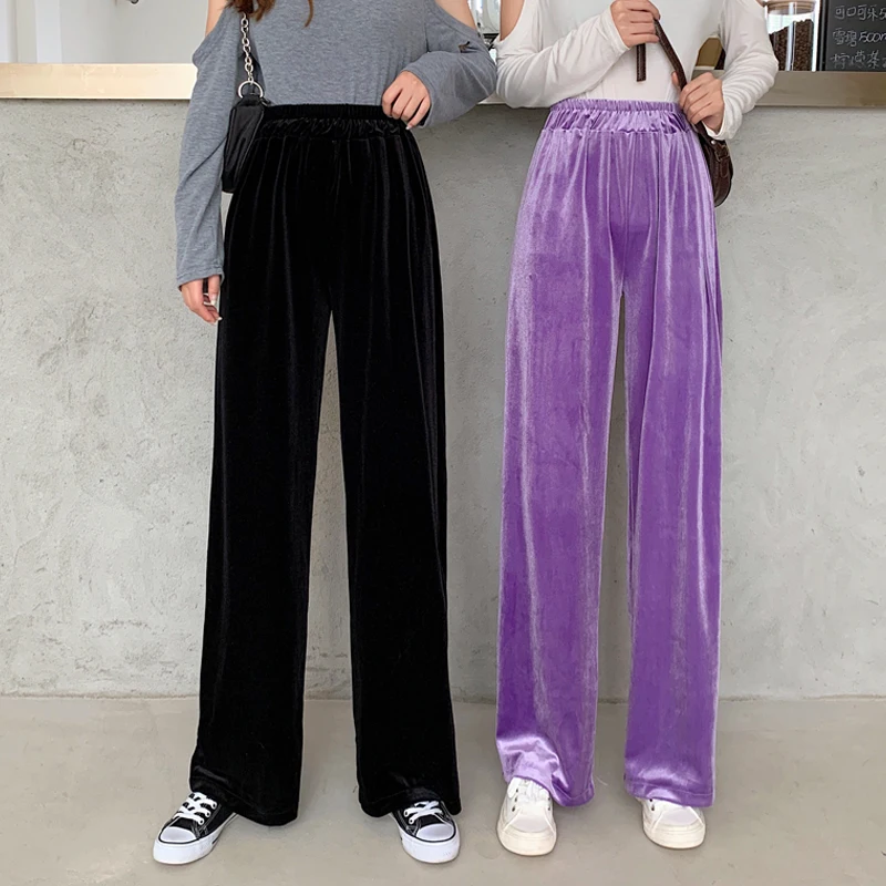 2023 Autumn Straight Velour Women Pants High Waist Casual Wide Legs Pants Black Purple Loose Female Fashion Student Trousers New