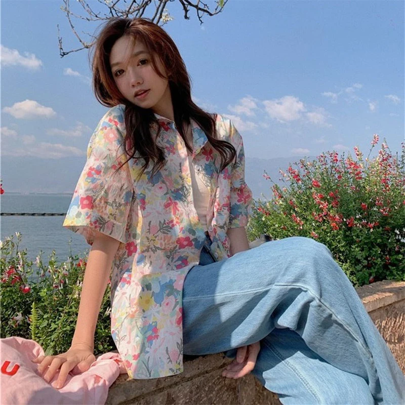 

Summer Casual Korean Fashion Loose Elegant Trend Sexy Buttons Single Breasted Printing Short Sleeve Close to the People Wild Pop
