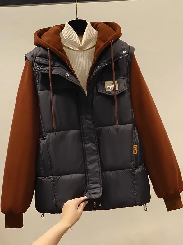 Women's Quilted Cotton Jacket Vest Outerwear Hooded Patchwork Fake Two-Piece Set Autumn Winter New Fashion Trendy Streetwear