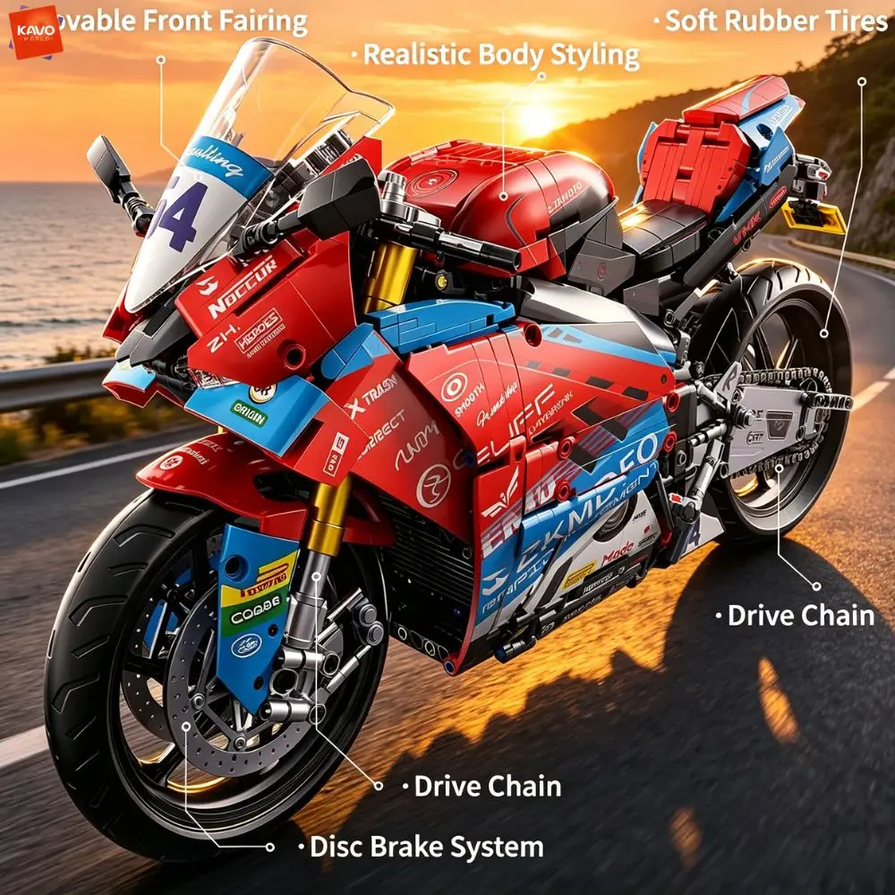 KAVOWORLD 1:5 Racing Super Motorcycle Building Blocks Kit 1839PCS Motorbike STEM DIY Construction Assembled Toys Gifts for Boys