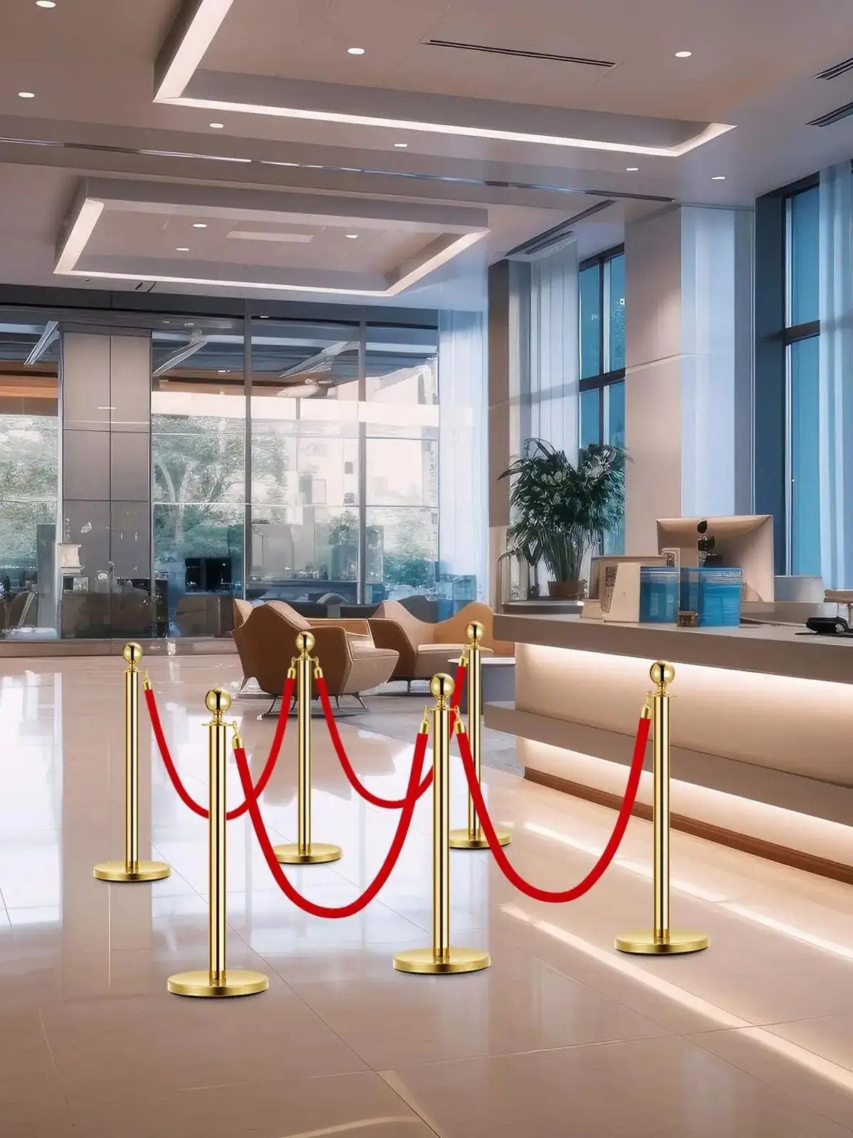 Poteaux de délimitation en acier inoxydable doré avec cordes souples rouges pour le contrôle des foules, événements VIP, hôtels, fêtes, musées, files d'attente sur tapis rouge