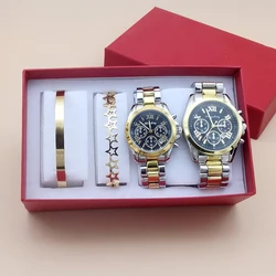 Conjunto de reloj de pareja para hombre, reloj de acero de cuarzo para amantes, reloj de pulsera de lujo para mujer, reloj femenino con pulsera Nesklace, regalos de 4 Uds.