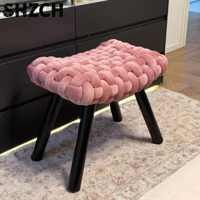 Backless Dining Chairs Living Room Chair Nordic Solid Wood Bedroom Saddle Stool Fabric Soft Bag Flannel Stools Girls Furniture