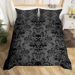 Adults Black Skeleton Bedding Set Antique Victorian Baroque Skull Duvet Cover Queen Size Gothic Vintage Floral Comforter Cover
