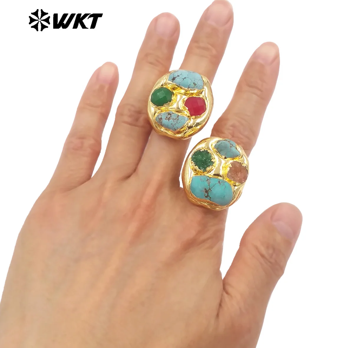 WT-R548 Amazing Handmade Natural Stone With Different Color Ring For Women 18k Gold Plated  Daily Dress-up