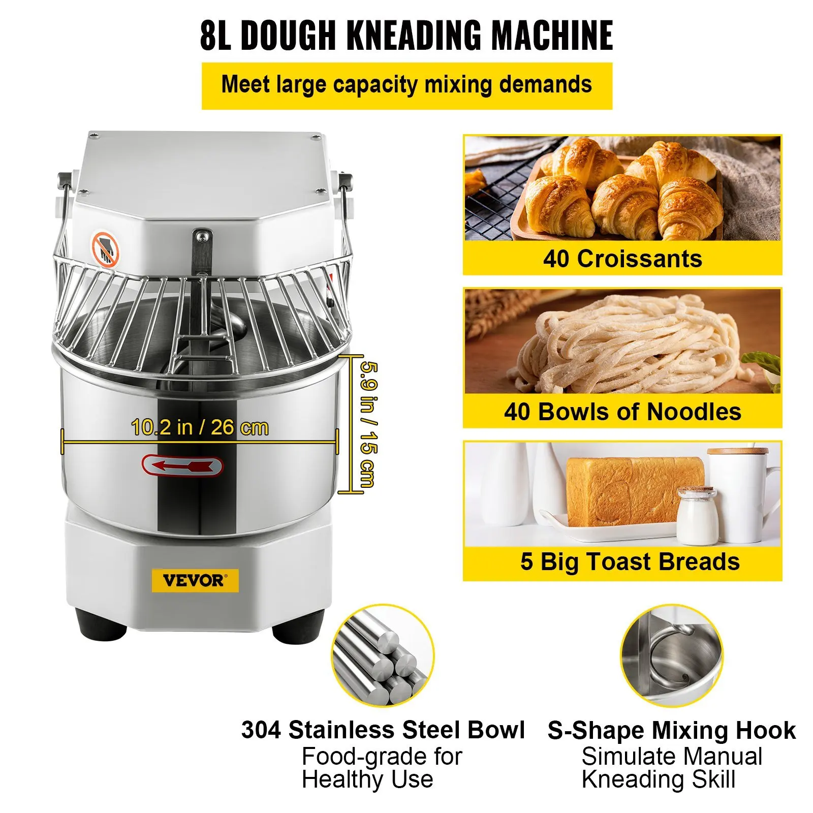 VEVOR Commercial Food Mixer, 8.5Qt Capacity, 450W Dual Rotating Dough Kneading Machine with Food-grade Stainless Steel Bowl, Sec