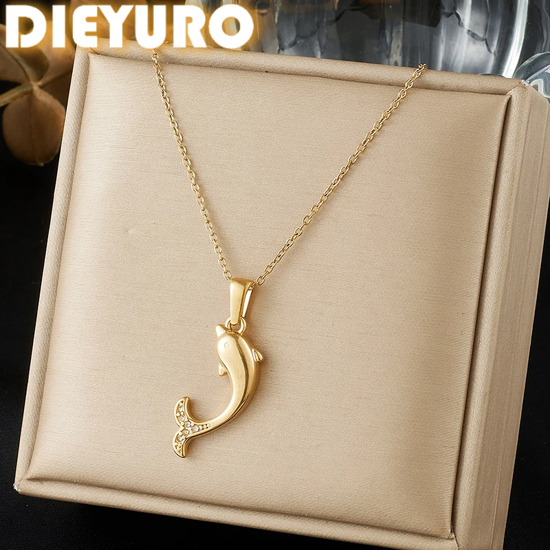 DIEYURO 316L Stainless Steel Golden Classic Hollow Heart Inlay Zircon Pendant Necklace Women Trend Non-fading Neck Chain Gift