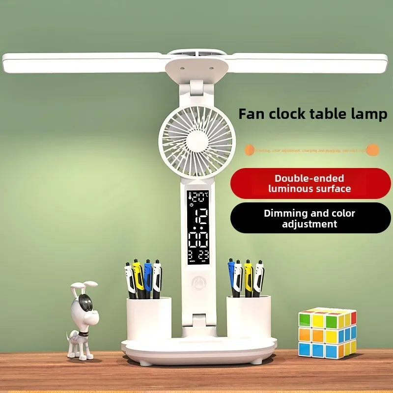 

Two-headed LED Table Lamp with Calendar Clock and Fan Touch Control Table Lamp with Pen Holder for Bedroom Study Reading Light