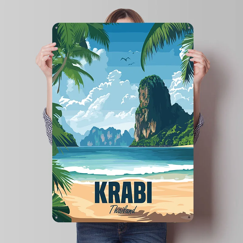 Póster Metálico de Krabi, Tailandia, Arte de Pared Personalizado, Letreros Retro Vintage de Hojalata para Decoración de Baño, Accesorios para Habitaciones, Decoración del Hogar