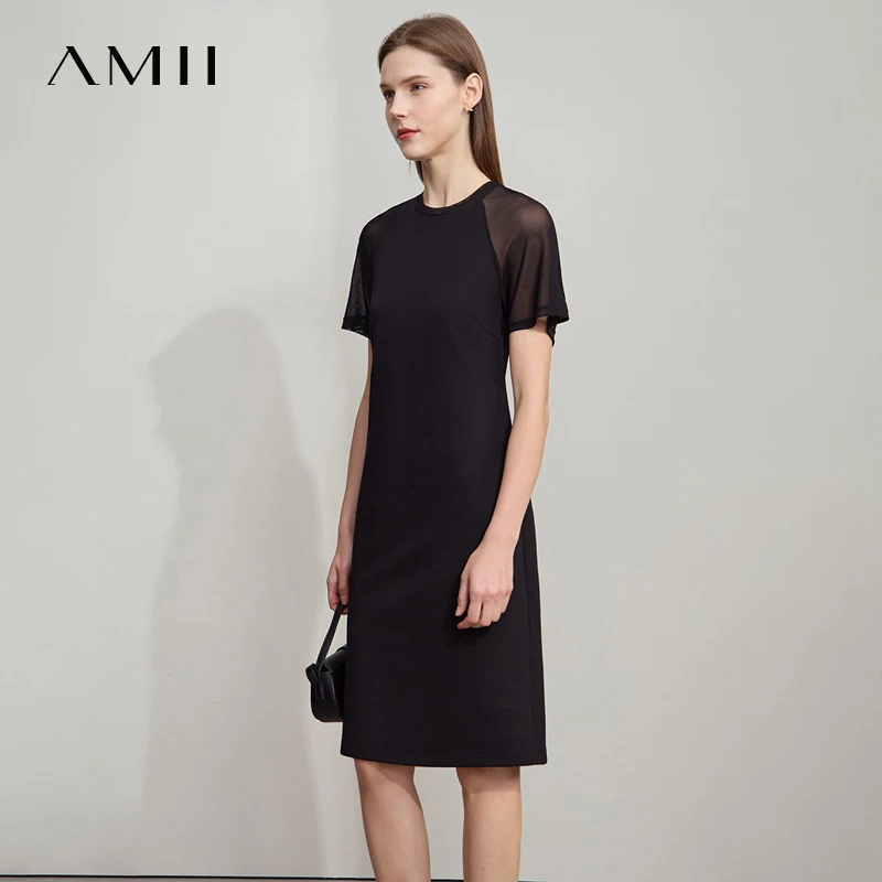 

AMII Casual Slim Dress 2025 Summer Office Lady Elegant O Neck See Through Shoulder Sleeve Stretch Knitted Black Dresses 12542079