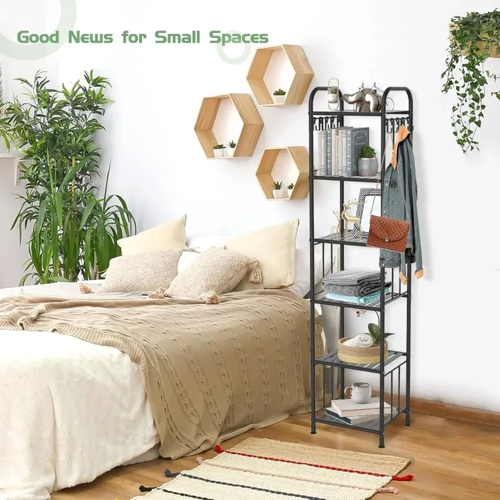 

6 Tier Narrow Metal Bathroom Towel Storage Shelving Unit with 10Pcs S Hooks, Freestanding Corner Rack Shelves for Small Spaces,