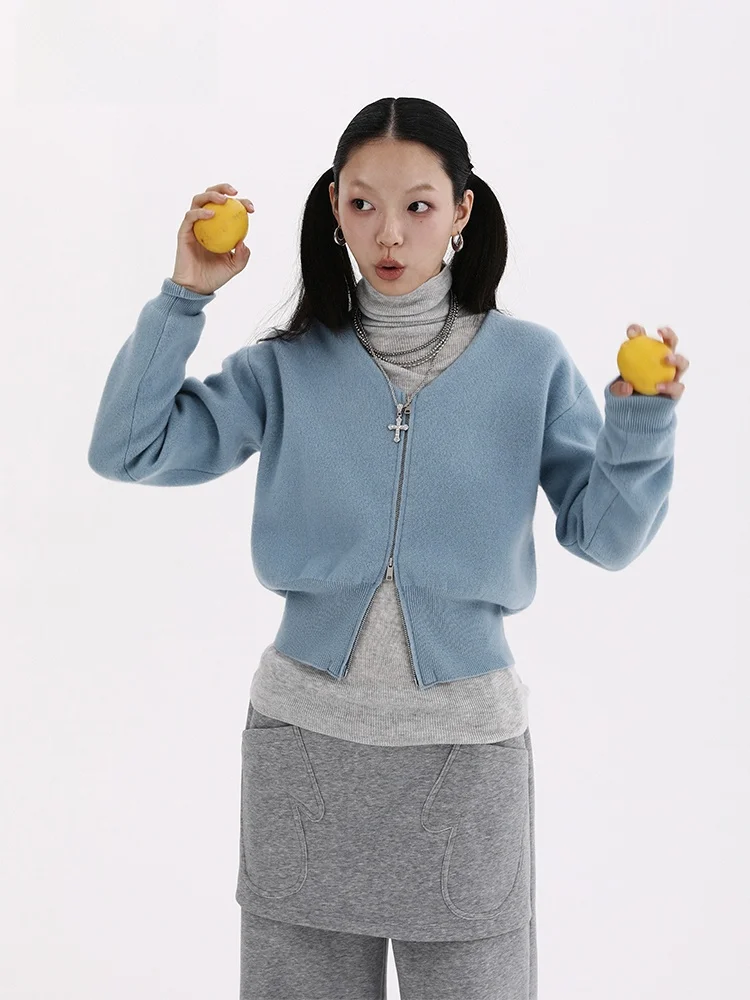 

Summon Oak Pure Wool Zipper V-Ne Knitted Cardigan Women's Lazy ort Sweater Jaet Autumn Winter Casual Sle Soft Woolen ...