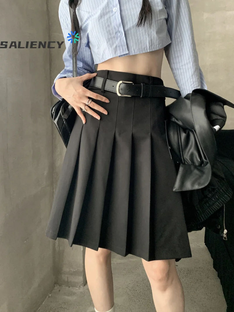 

College Style A-word Pleated Skirt Female Spring 2024 New Fashion Anti-glare High waist Simple Mid-skirt