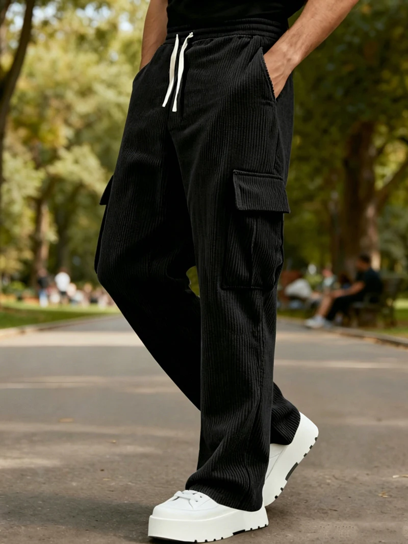 Herren Cord-Cargohose mit Elastischem Bund und Kordelzug, Lässige Hose mit Seitentaschen, Gerades Bein für Frühling und Herbst – Detail 29