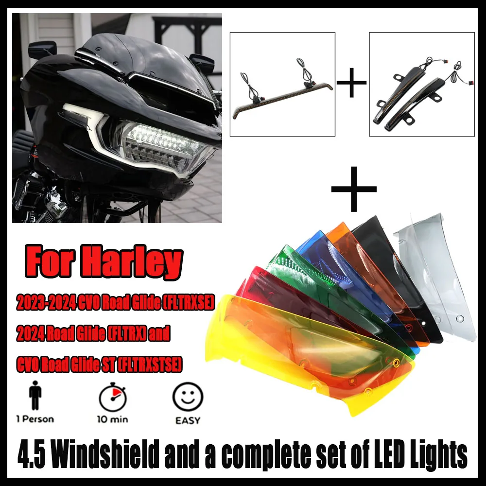 For Harley 2023 2024 TOURING CVO 121 117 Road Glide ST FLTRXSE FLTRX Motorcycle 4.5 Windshield and a complete set of LED Lights