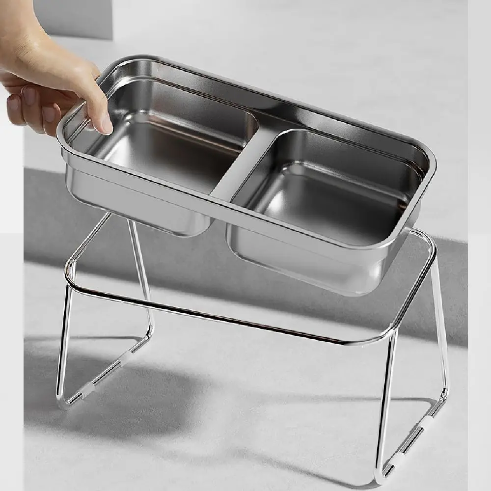 

Stainless Steel Pet High Footed Bowl Anti Slip 2 Grids Elevated Pet Feeder Bowl Stable with Stand Pet Water Feeder Container