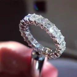 Eternity Asscher Cut Lab Zircon Ring Silver Color Engagement Wedding Band Rings for Women Men Finger Party Jewelry Gift