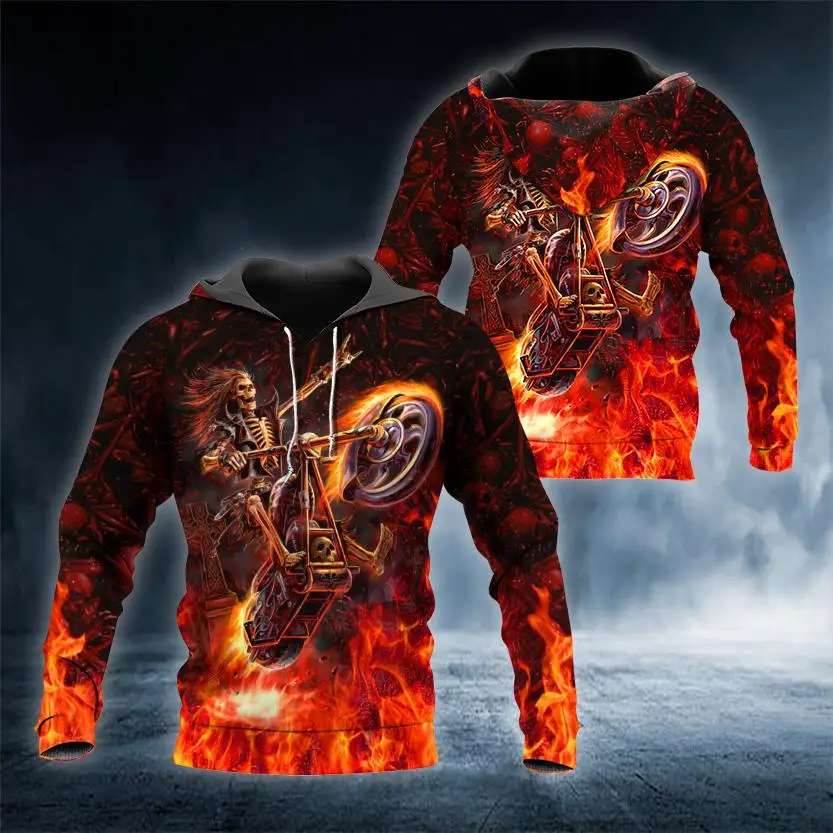 

Vintage Men Hoodie 3D Print Motorcycle Flaming Skull Pattern Fashion Pullover Personality Oversize Men's Hoodies Clothing Tops