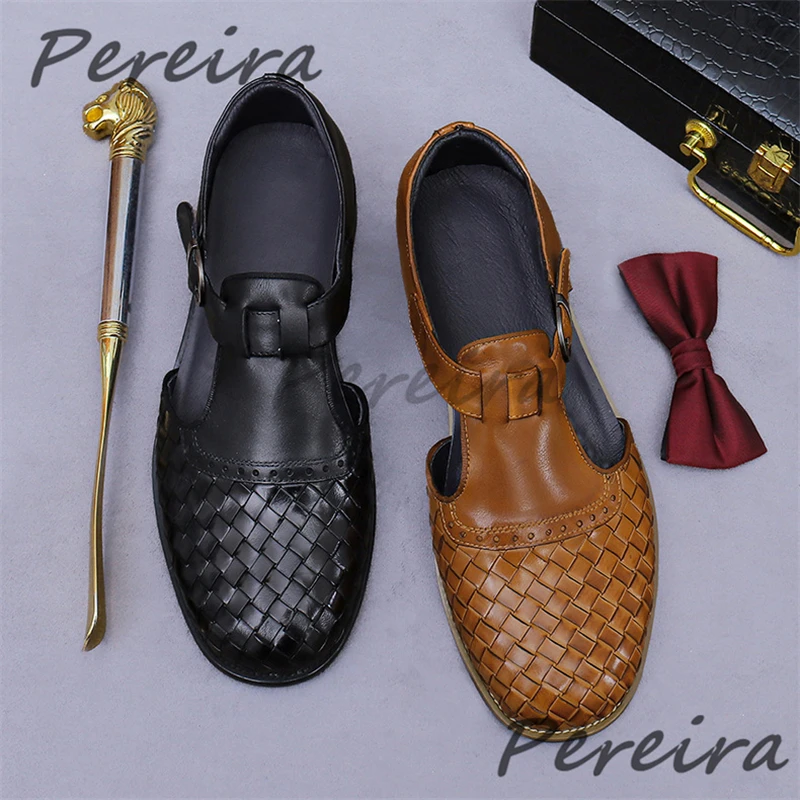

Retro Woven Buckle Men's Sandals Roman Genuine Leather Round Toe Hollow Breathable Casual Shoes Summer New Outdoor Male Shoes